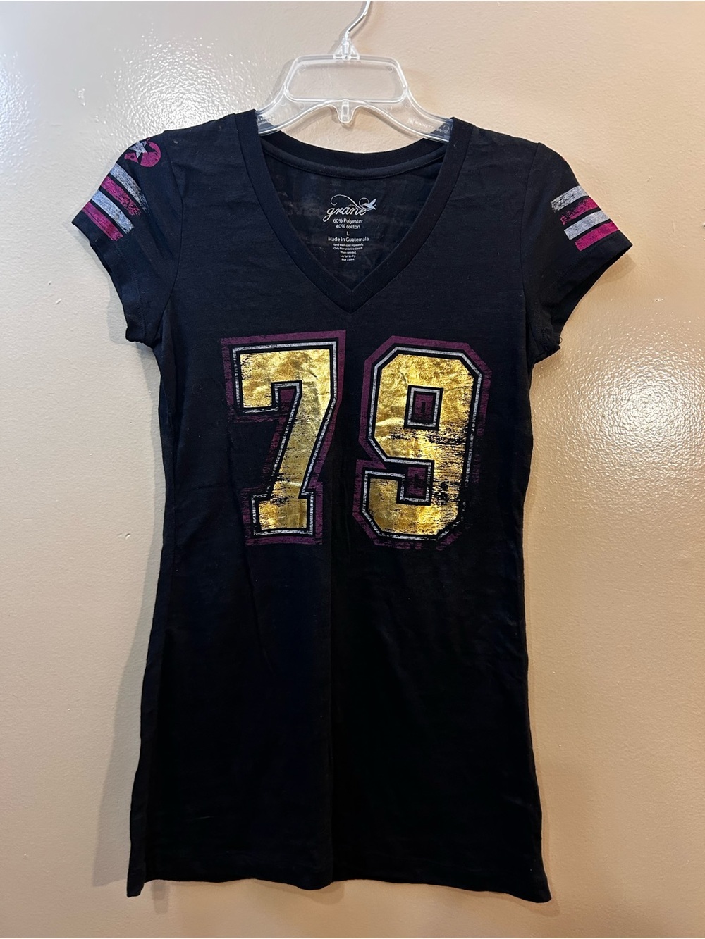 Grane Black V-Neck Tee with Gold '79' and Pink Accents
